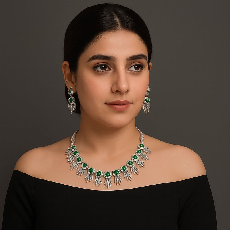 Bridal Silver Necklace Set with Stones – 3-Piece