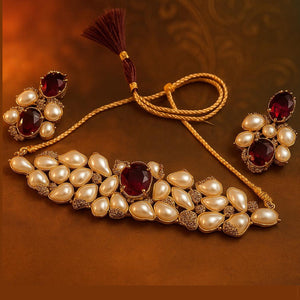 Royal Maroon & Pearl Statement Necklace Set with Earrings – Rs. 5200