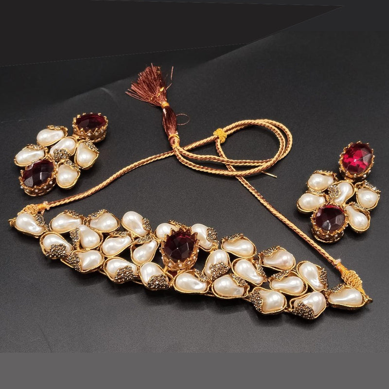 Royal Maroon & Pearl Statement Necklace Set with Earrings – Rs. 5200