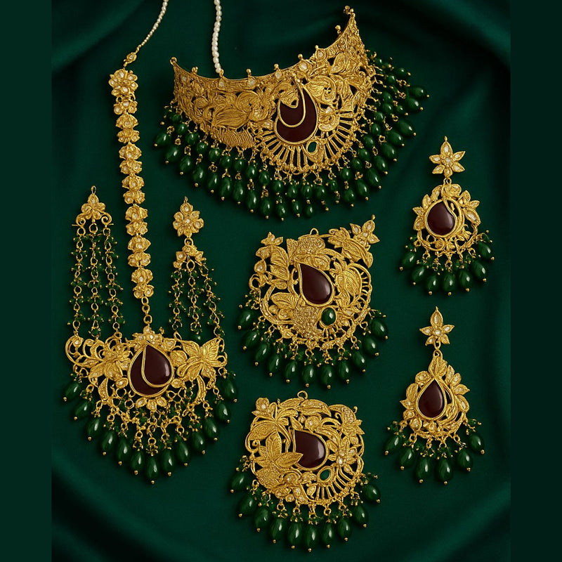 Regal Green & Gold Bridal Jewelry Set with Choker, Earrings & Maang Tikka – Rs. 10,500