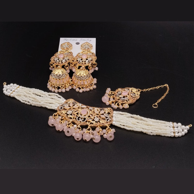 Gold-Tone Pearl Choker Set with Jhumka Earrings & Maang Tikka – Rs,1,350