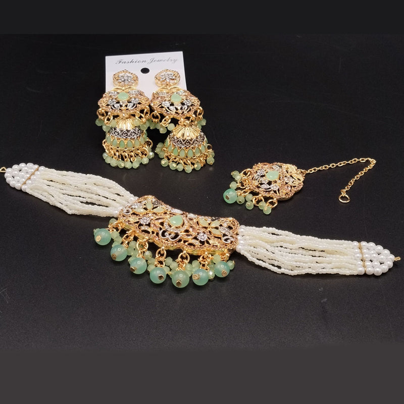 Gold-Tone Pearl Choker Set with Jhumka Earrings & Maang Tikka – Rs,1,350