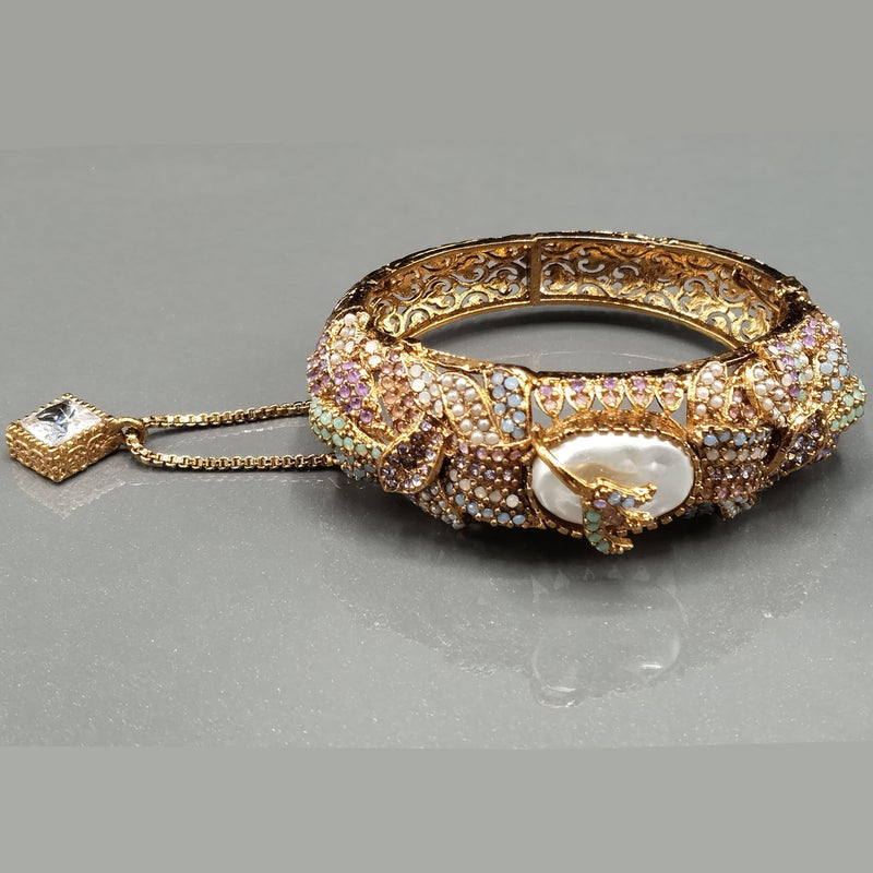Luxury Antique Gold-Plated Bangle with Pearl & Multicolor Stonework