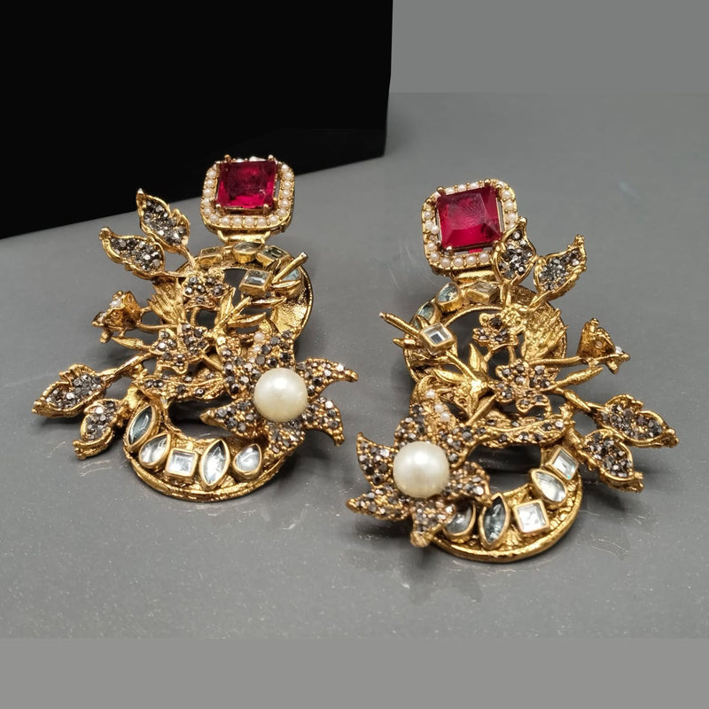 Antique Gold Floral Earrings with Stone & Pearls