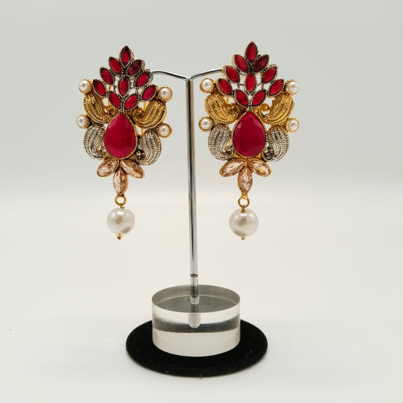 Gold Plated Drop Earrings with Peach Stones & Pearls