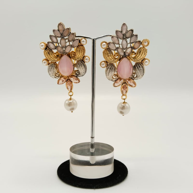 Gold Plated Drop Earrings with Peach Stones & Pearls
