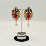 Gold Plated Drop Earrings with Peach Stones & Pearls
