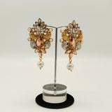 Gold Plated Drop Earrings with Peach Stones & Pearls