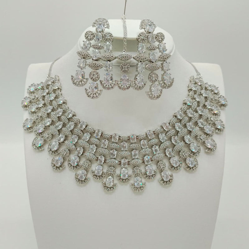 Luxury Silver Plated Bridal Necklace Set with White Stones