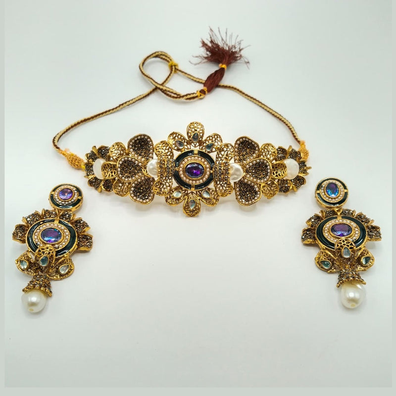 Antique Gold Floral Choker Necklace Set with Pearls