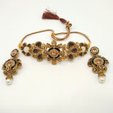 Antique Gold Floral Choker Necklace Set with Pearls