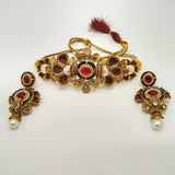 Antique Gold Floral Choker Necklace Set with Pearls