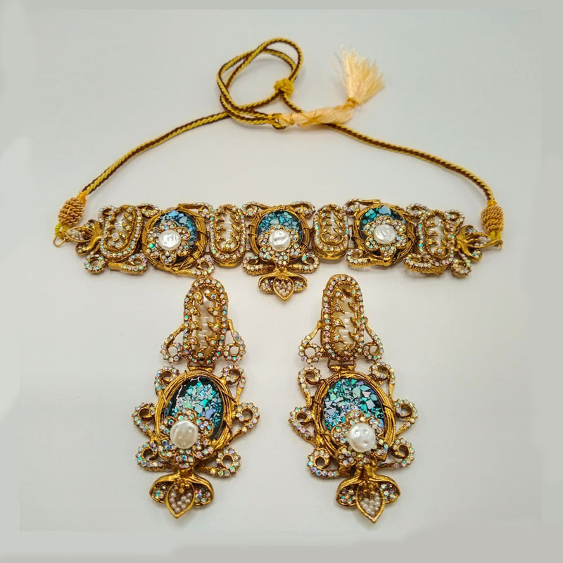 Antique Gold Stone Choker Necklace Set with Pearls