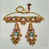 Antique Gold Stone Choker Necklace Set with Pearls
