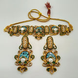 Antique Gold Stone Choker Necklace Set with Pearls