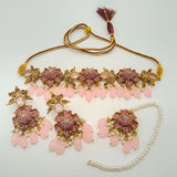 Antique Gold Floral Choker Necklace Set with Peach Beads
