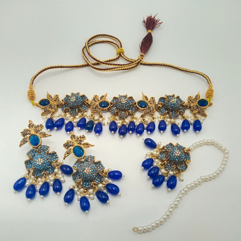 Antique Gold Floral Choker Necklace Set with Peach Beads