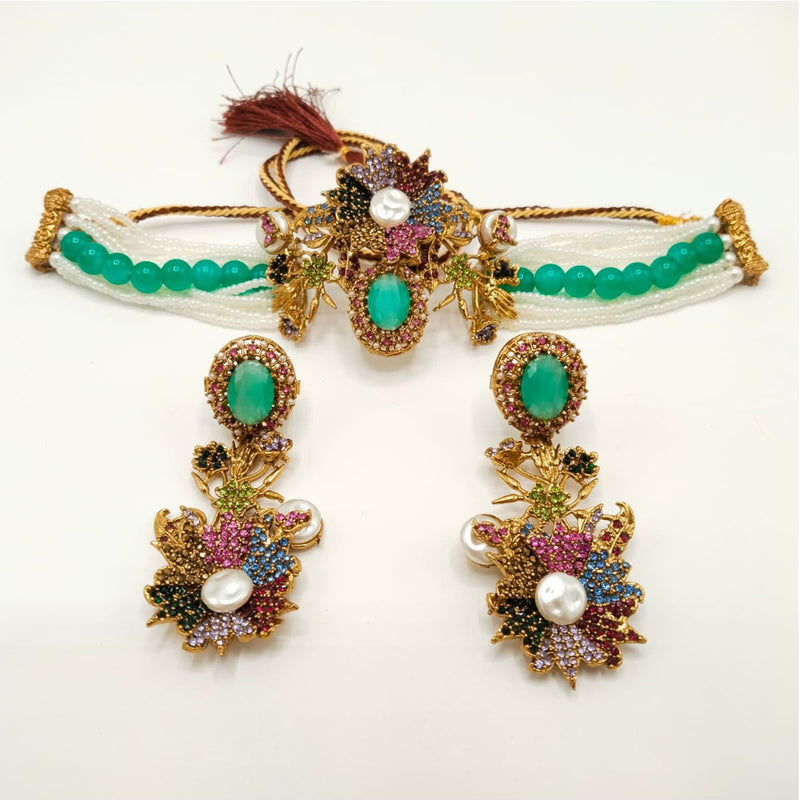 Antique Pearl Choker Necklace Set with Stone Embellished Earrings