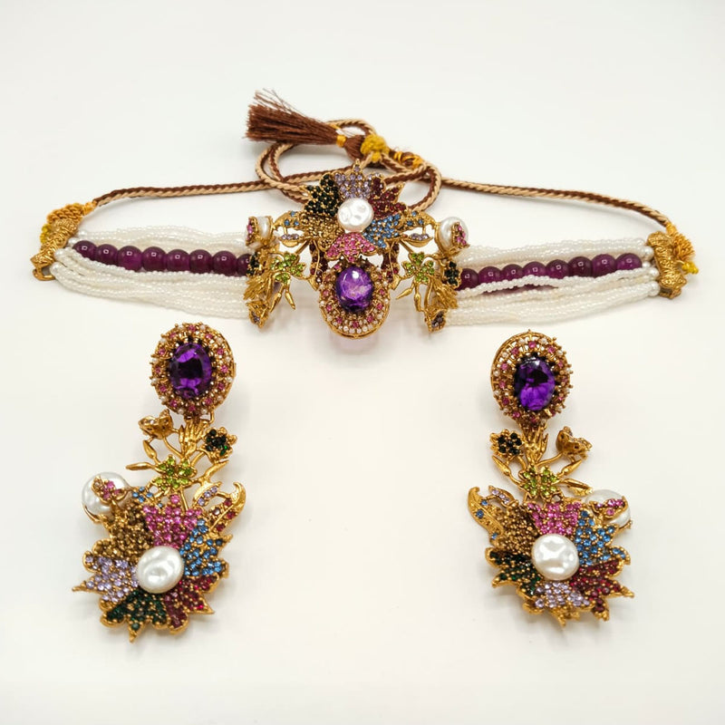 Antique Pearl Choker Necklace Set with Stone Embellished Earrings