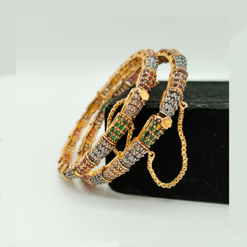 Gold Bangles with Multicolor Stones & Chain Lock – Set of 2