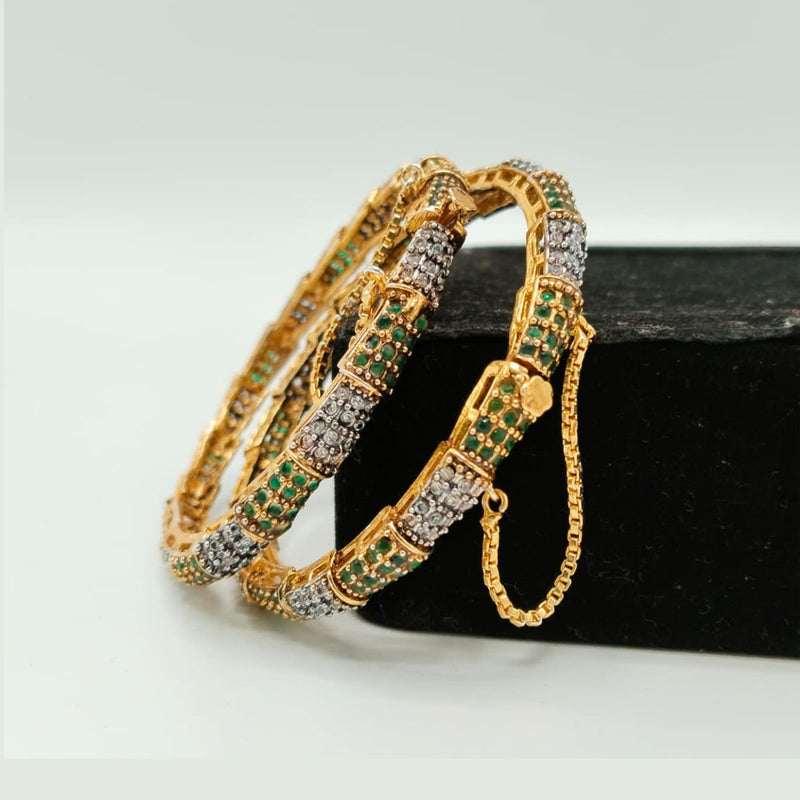 Gold Bangles with Multicolor Stones & Chain Lock – Set of 2