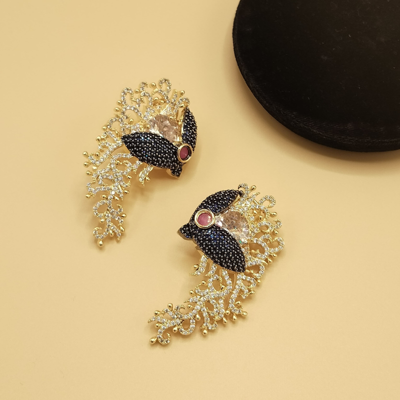 Phoenix Peacock Ear Climber Earrings – Gold Plated CZ Crystal Statement Bridal Cuff Jewelry