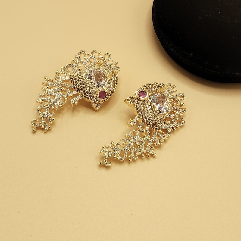 Phoenix Peacock Ear Climber Earrings – Gold Plated CZ Crystal Statement Bridal Cuff Jewelry
