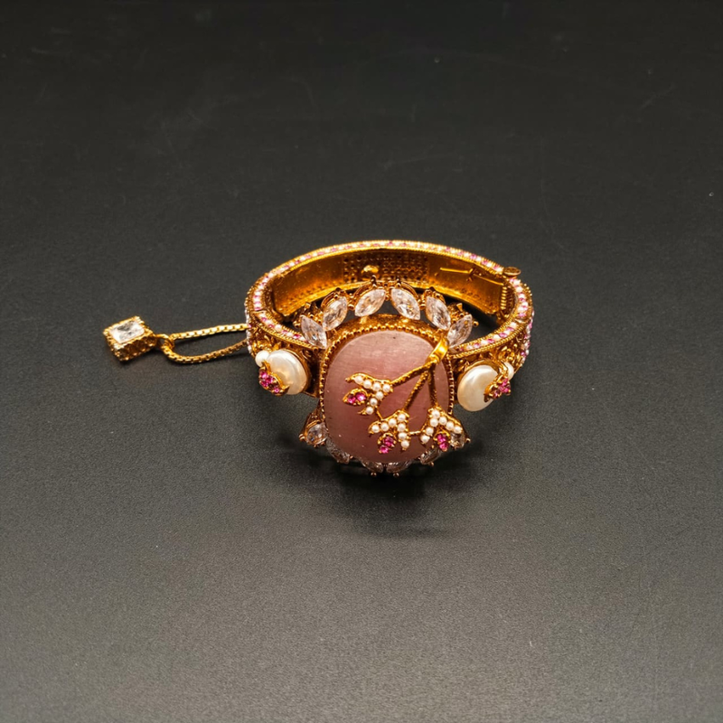 Royal Enamel Work Kangan Bracelet | Gold Tone CZ Bangle with Large Stone & Safety Chain | Hafizpk