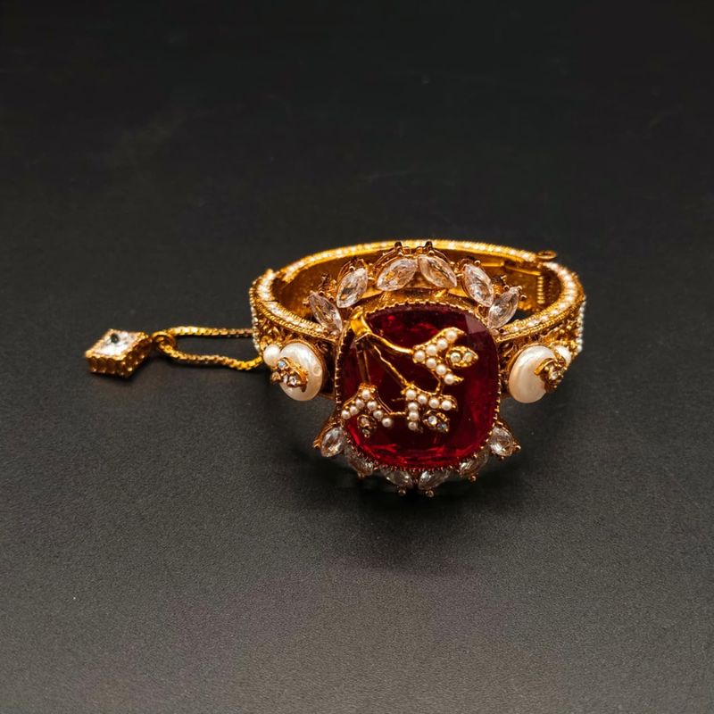 Royal Enamel Work Kangan Bracelet | Gold Tone CZ Bangle with Large Stone & Safety Chain | Hafizpk