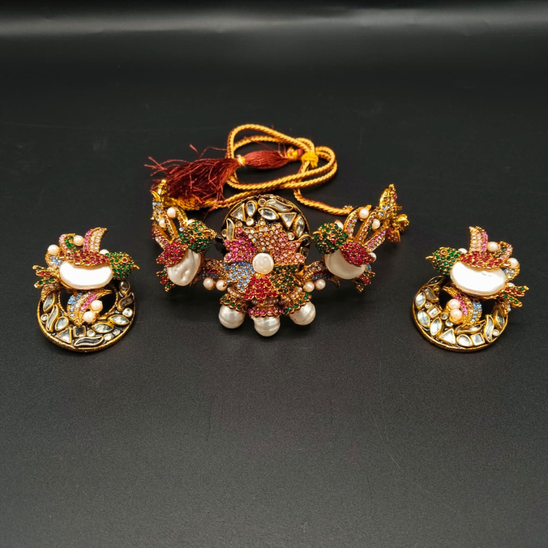 Vintage Turkish Statement Choker Set | Colorful Pave Stone & Pearl Wedding Jewelry