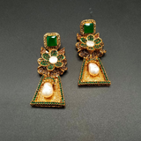 Handcrafted Gold-Tone Flower Statement Earrings with Teardrop Pearls & Gemstones