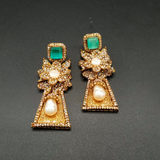 Handcrafted Gold-Tone Flower Statement Earrings with Teardrop Pearls & Gemstones