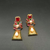 Handcrafted Gold-Tone Flower Statement Earrings with Teardrop Pearls & Gemstones