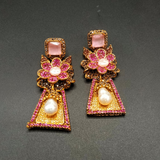 Handcrafted Gold-Tone Flower Statement Earrings with Teardrop Pearls & Gemstones