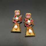 Handcrafted Gold-Tone Flower Statement Earrings with Teardrop Pearls & Gemstones