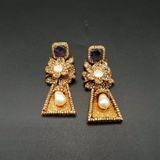 Handcrafted Gold-Tone Flower Statement Earrings with Teardrop Pearls & Gemstones