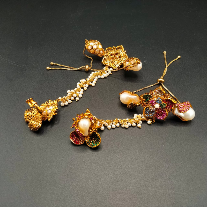 Traditional Gold-Tone Hathphool Hand Chain Bracelet - Pearl Beaded Bridal Hand Harness with Floral Ring - Multi-Color Crystal Jewelry