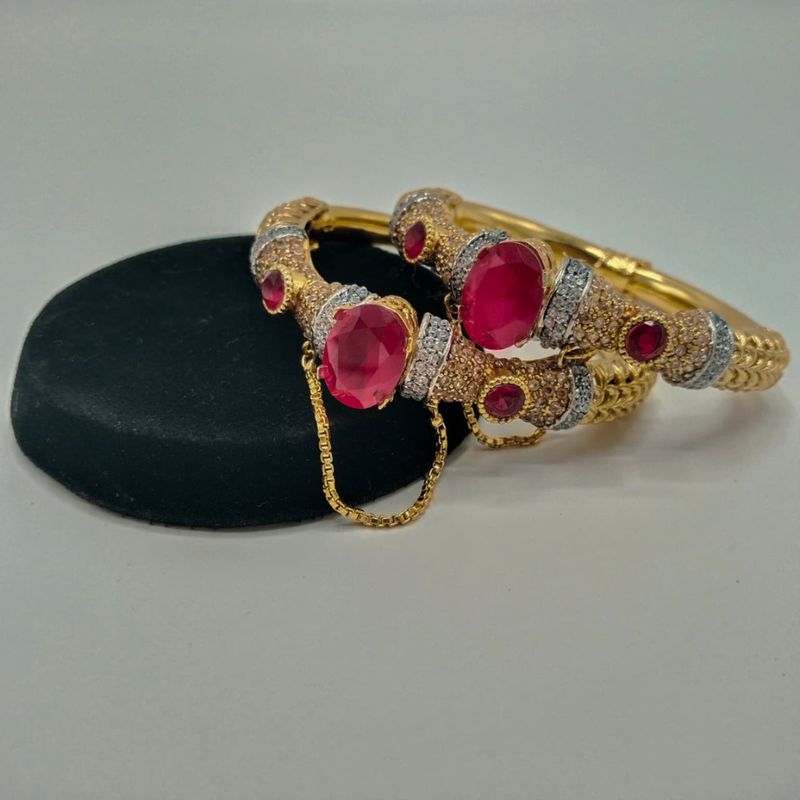 Heavy Gold Plated Kada Bangles with Large Oval Gemstone & CZ Detailing – Indian Bridal Bracelets (Set of 2)