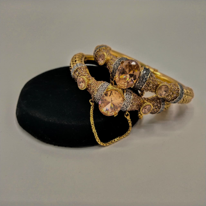 Heavy Gold Plated Kada Bangles with Large Oval Gemstone & CZ Detailing – Indian Bridal Bracelets (Set of 2)
