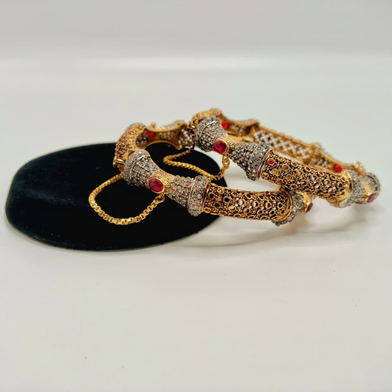 Heavy Antique Gold Filigree Kada Bangles with CZ Diamonds & Gemstones (Set of 2)