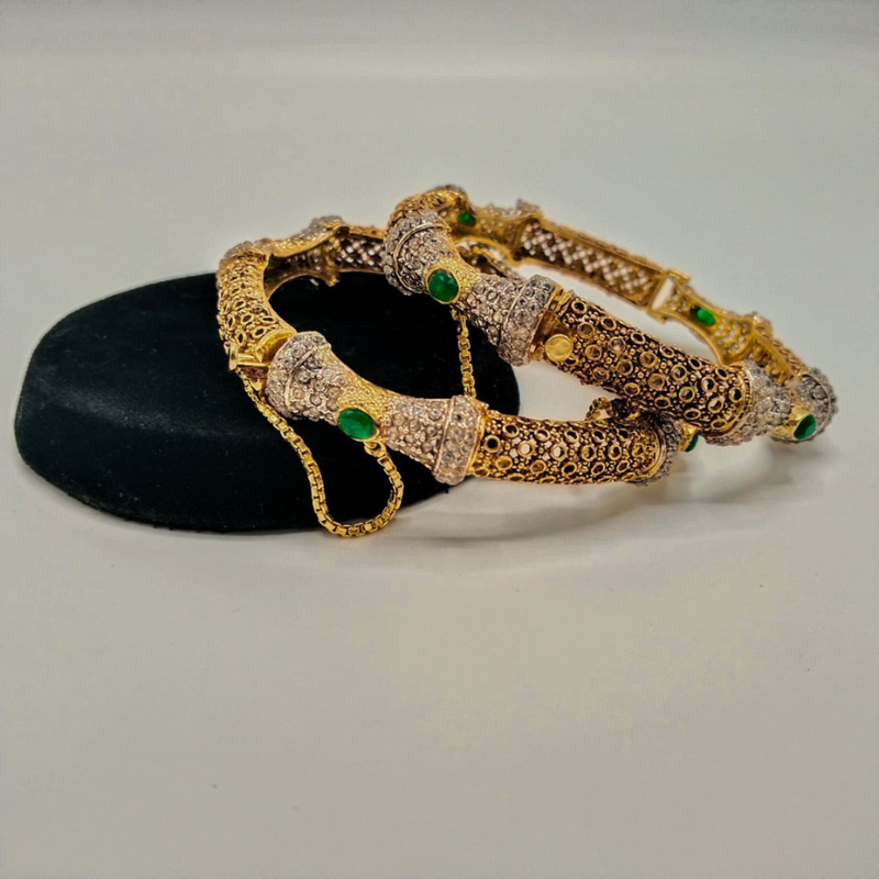 Heavy Antique Gold Filigree Kada Bangles with CZ Diamonds & Gemstones (Set of 2)