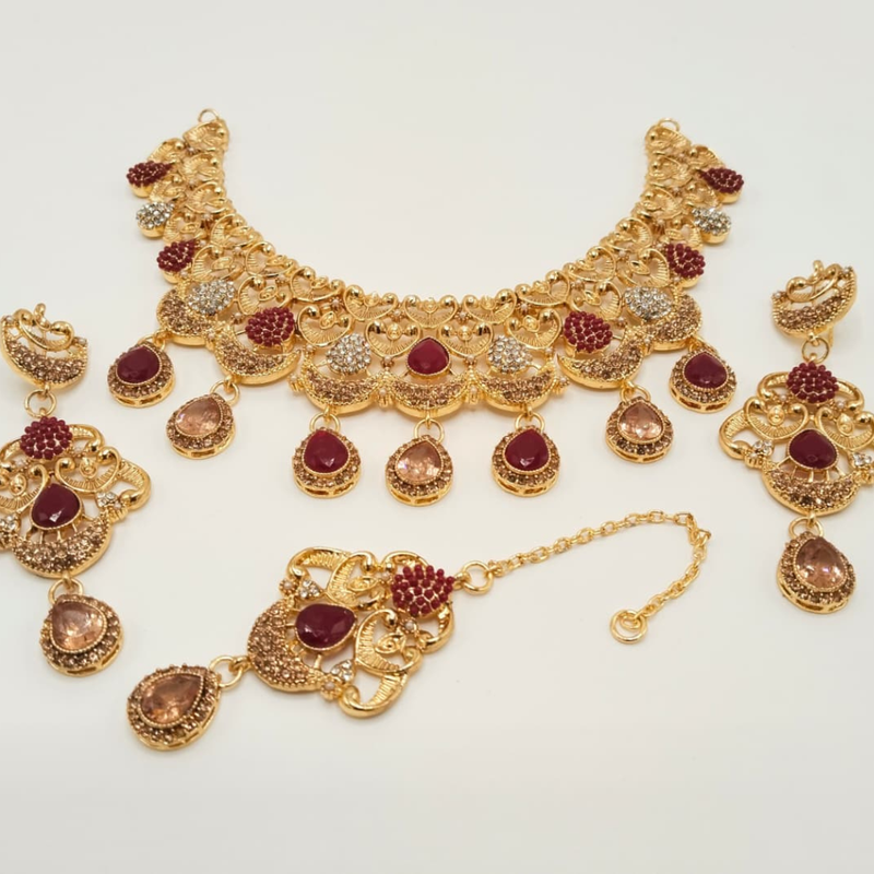 Traditional Filigree Collar Necklace Set with Maang Tikka & Earrings | Bridal & Wedding Jewelry – Hafizpk