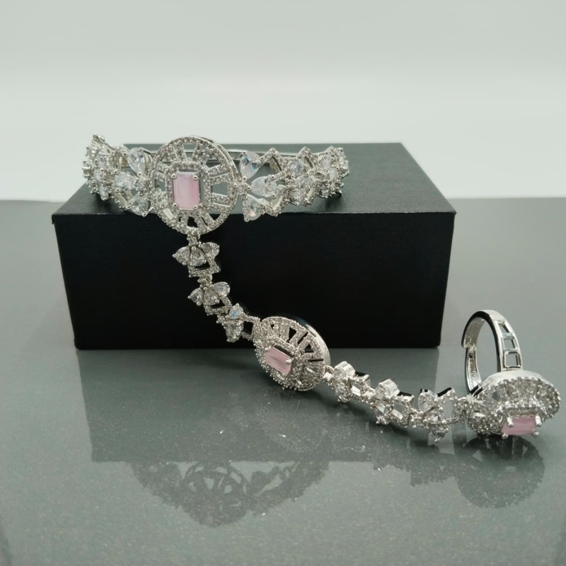 CZ Hand Harness (Haath Phool): Luxury Cubic Zirconia Hand Harness Bracelet with Ring – Diamond Look Bridal Hand Jewelry