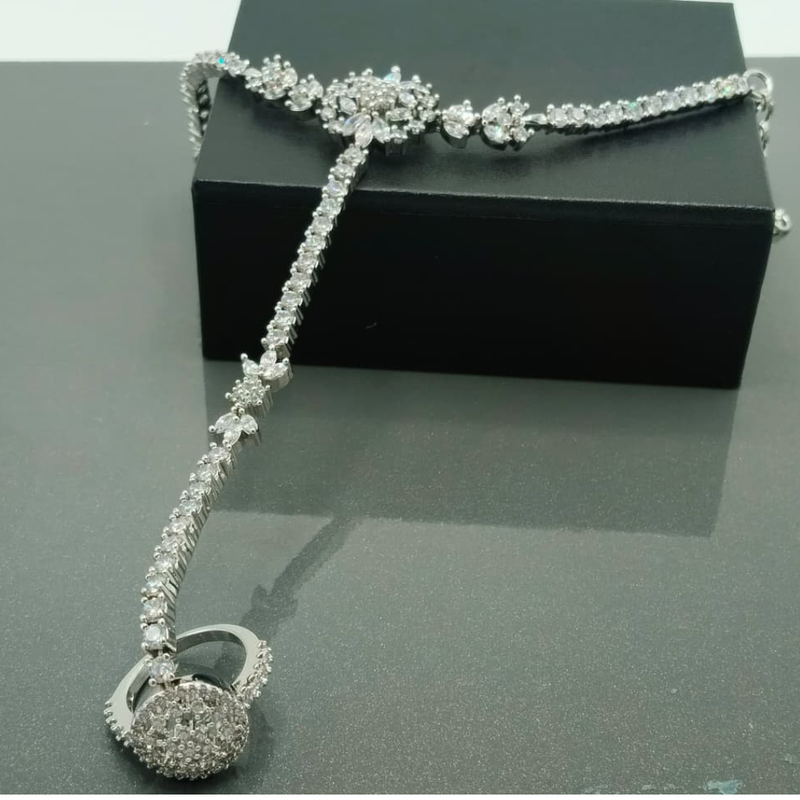 Rose Gold & Silver CZ Hath phool Bracelet | American Bridal Hand Harness with Ring | American Diamond Wedding Jewelry