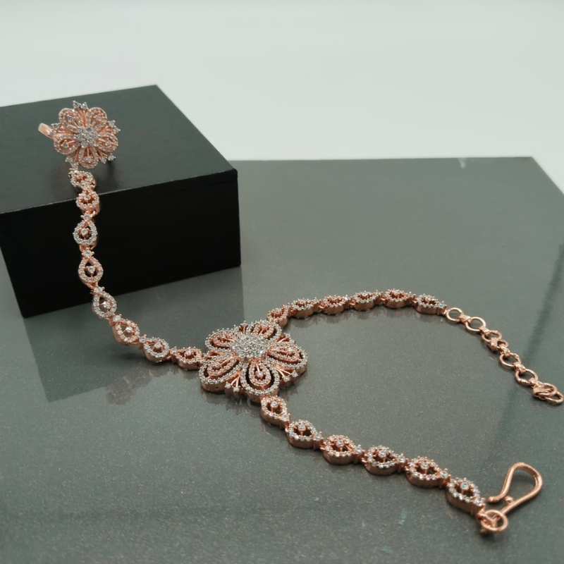 Rose Gold & Silver CZ Hath phool Bracelet | American Bridal Hand Harness with Ring | American Diamond Wedding Jewelry