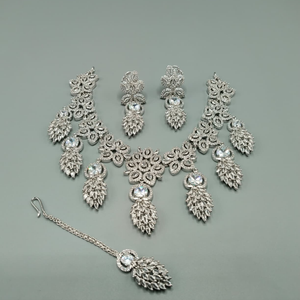 American Diamond Bridal Necklace Set | CZ Stone Wedding Jewelry with Maang Tikka – Hafizpk