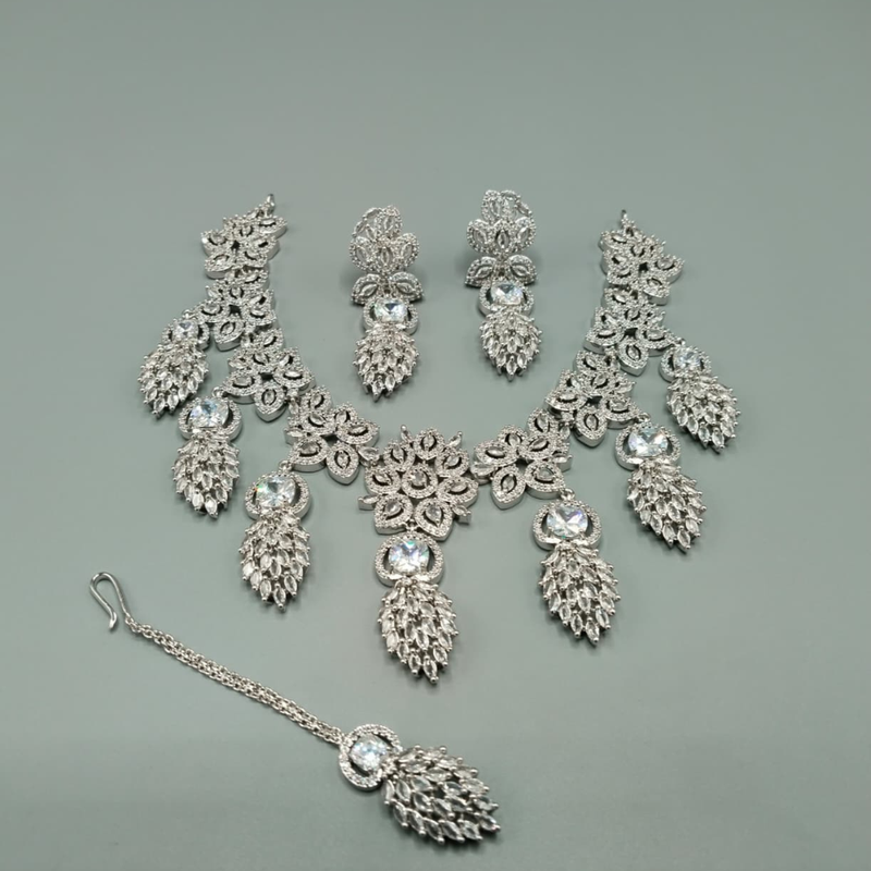 American Diamond Bridal Necklace Set | CZ Stone Wedding Jewelry with Maang Tikka – Hafizpk