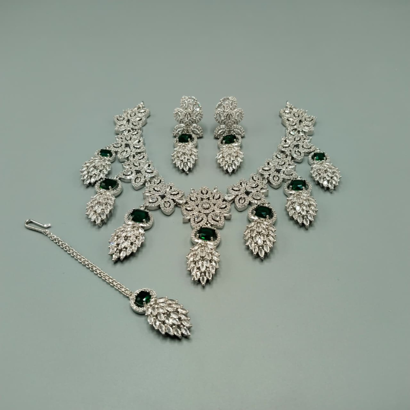 American Diamond Bridal Necklace Set | CZ Stone Wedding Jewelry with Maang Tikka – Hafizpk