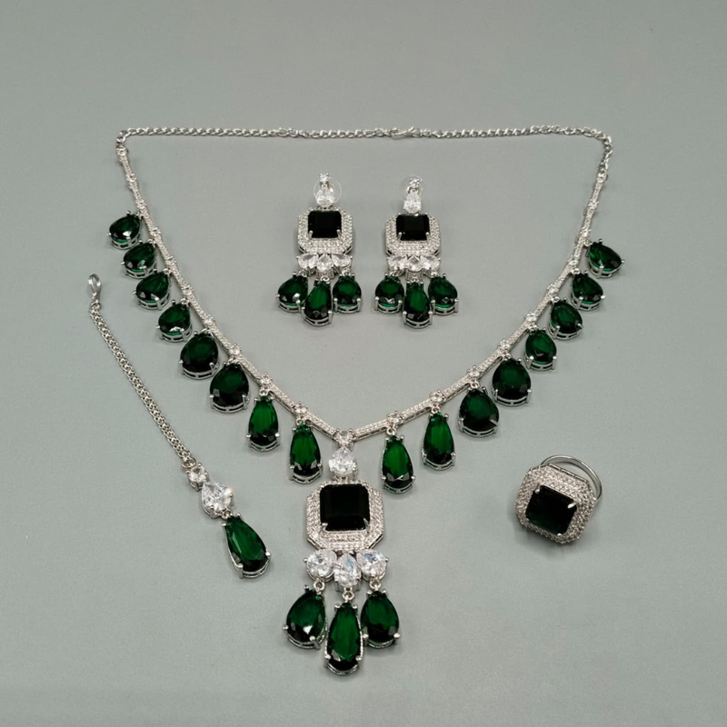 American Diamond Bridal Set | CZ Stone Long Statement Necklace Earrings Maang Tikka | Wedding Set