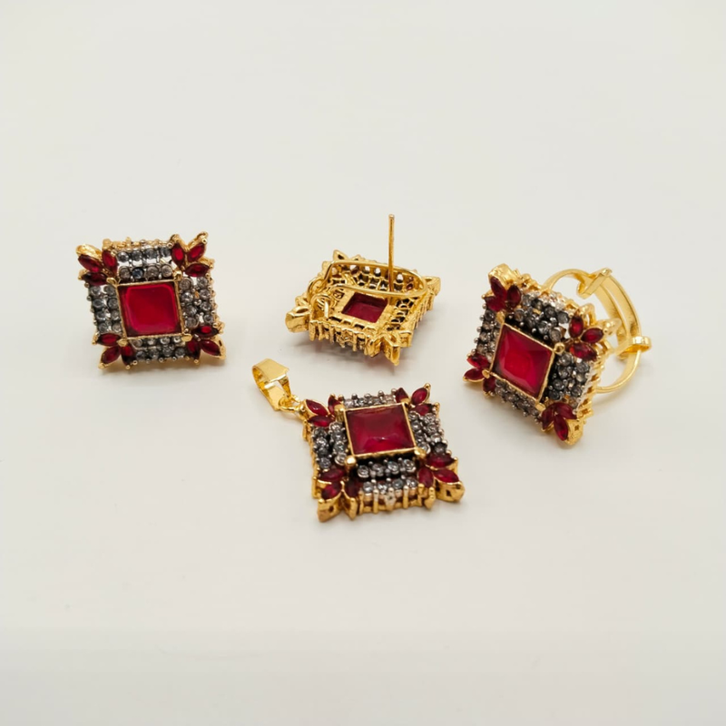 Luxury Gold Plated Cubic Zirconia Jewelry Set – Statement Ring, Studs & Pendant for Wedding & Party Wear